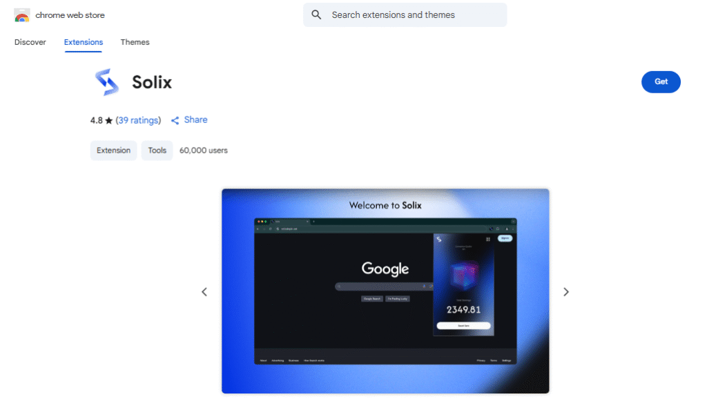 Solix Extension page on Chrome Web Store