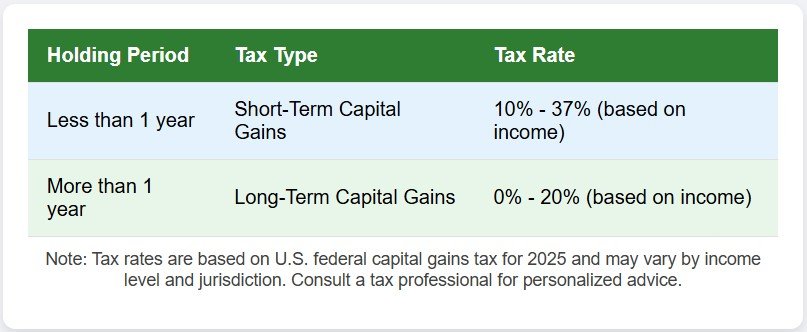 Table of crypto tax rates for short-term and long-term gains.