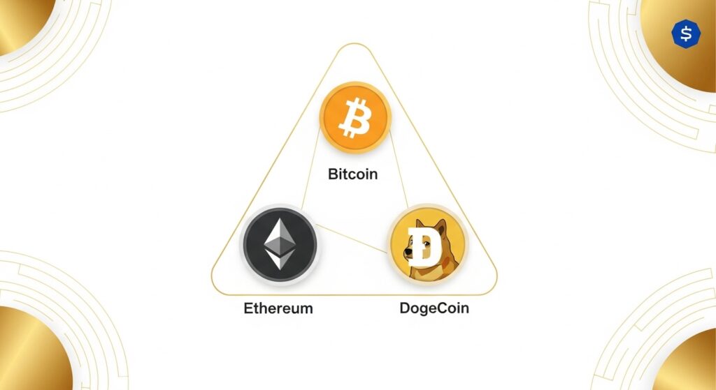 Infographic of Elon Musk’s crypto portfolio with Bitcoin, Ethereum, and Dogecoin icons.
