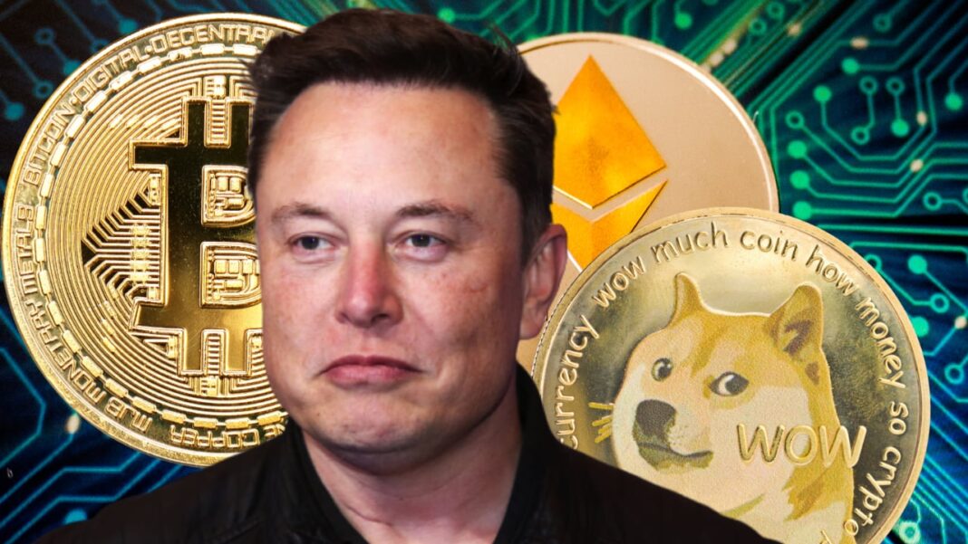 Elon Musk silhouette with Bitcoin, Ethereum, Dogecoin icons.