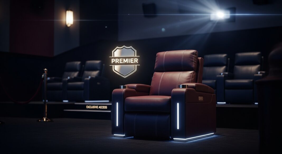 Create a high-definition, cinematic-style thumbnail that visually captures the premium, luxurious experience of becoming a “Premier Seat Member.” The image should feature a sleek, modern movie theater interior with soft ambient lighting, focusing on a single plush, oversized leather recliner seat in the center foreground. This seat should stand out from the rest—more spacious, with cup holders, ambient lighting around its base, and subtle gold or platinum accents, symbolizing exclusivity. The background should show a few standard theater seats in soft focus to emphasize the contrast. Include a glowing 