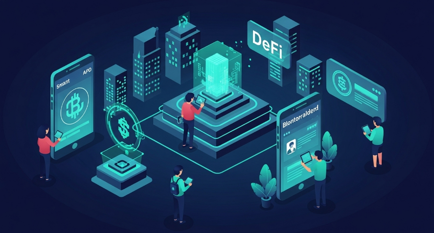 Futuristic city with blockchain technology elements