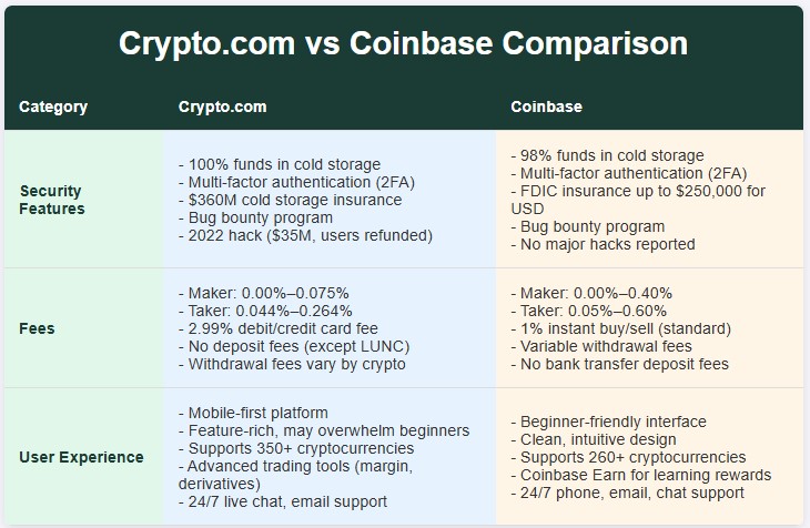 Comparison chart of Crypto.com and Coinbase