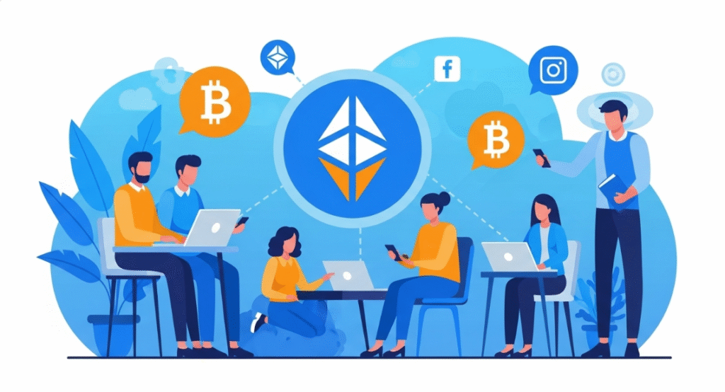 Illustration of a cryptocurrency community collaborating