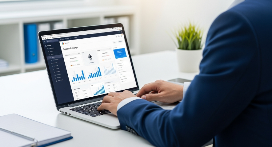 Person using laptop to convert cryptocurrency to cash