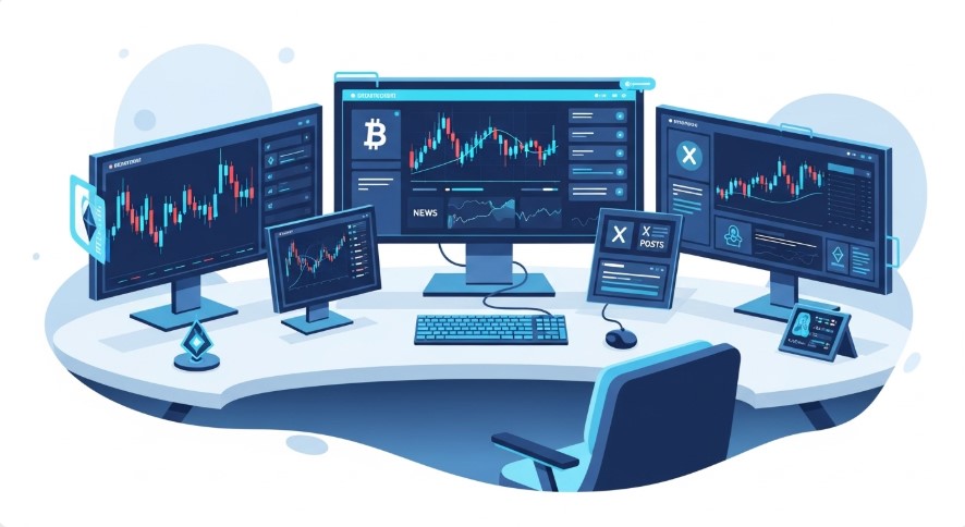 Crypto trading desk with multiple screens