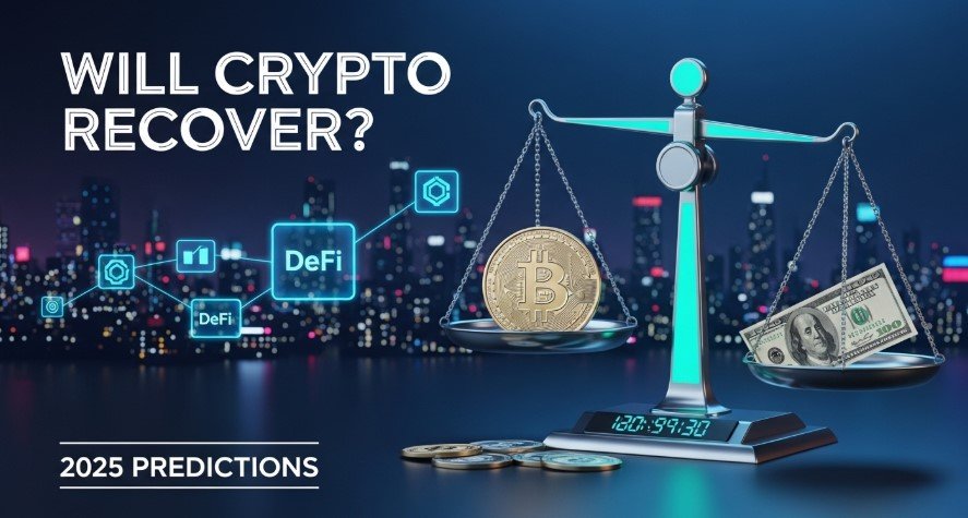 Futuristic cityscape with blockchain elements and scale balancing Bitcoin and dollar