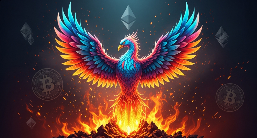 Phoenix rising from ashes with crypto symbols in background