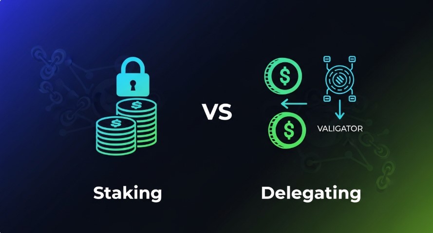Thumbnail comparing crypto staking and delegating.