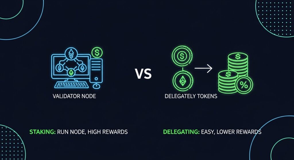 Infographic comparing crypto staking and delegating.