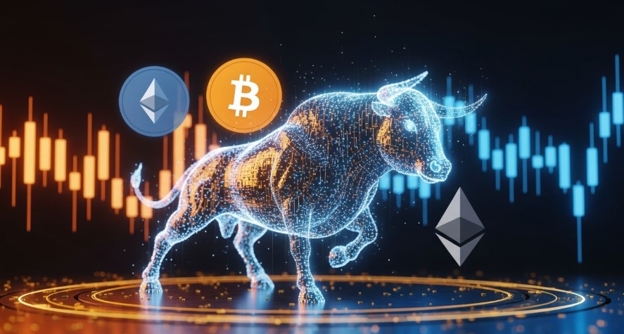 A digital bull with Bitcoin and Ethereum logos, representing the 2025 crypto bull run.