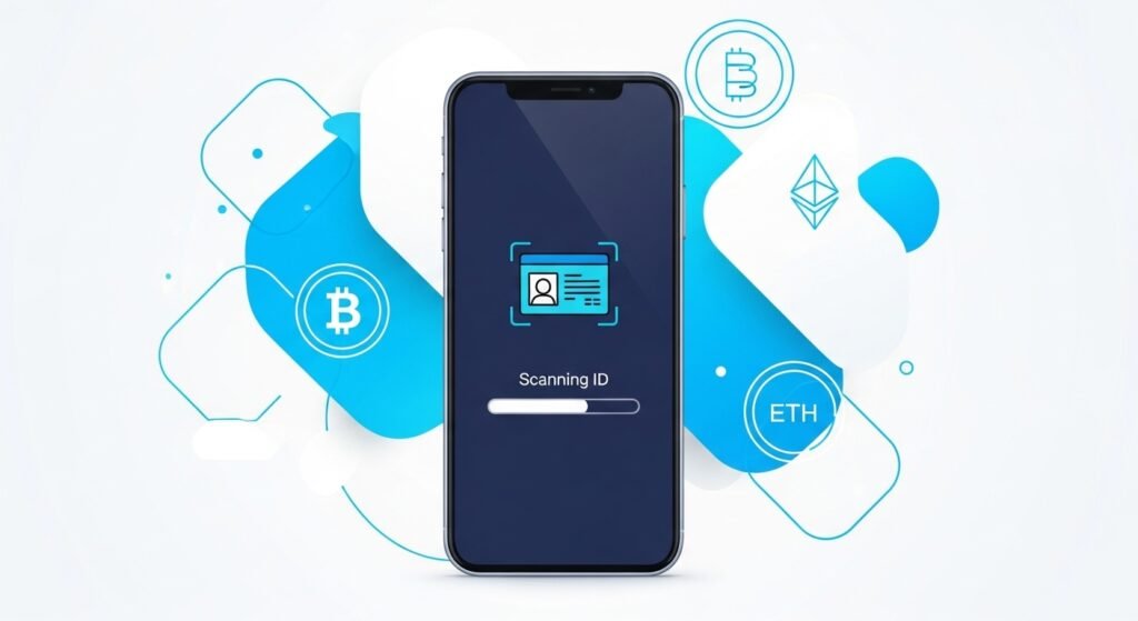 Smartphone showing ID scan for crypto exchange verification