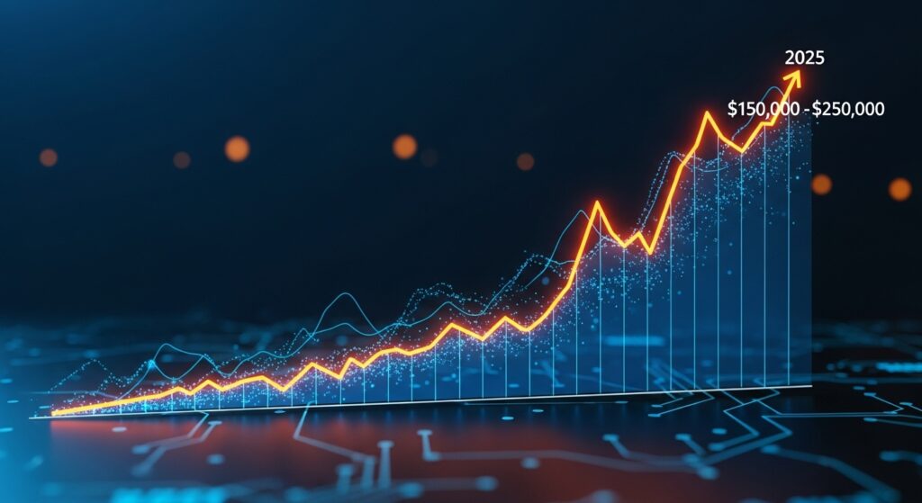 A digital chart showing Bitcoin’s projected price growth to $150,000–$250,000 in 2025.