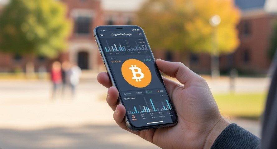 Student holding smartphone with crypto app