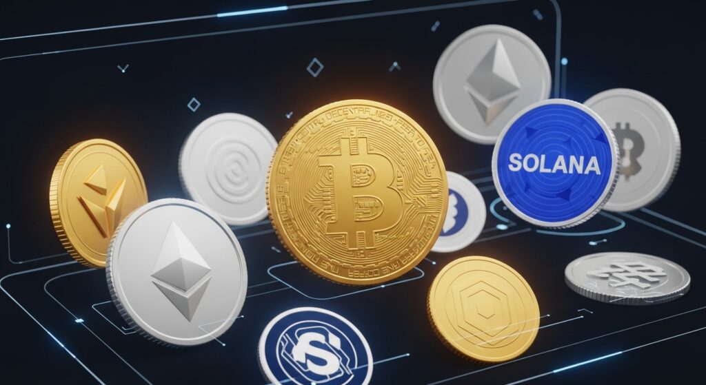 A modern wallet design showcasing Bitcoin, Ethereum, and Solana coins for a 2025 portfolio.