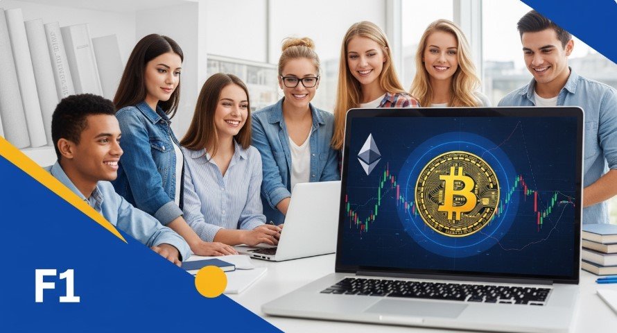 Students analyzing crypto charts on a laptop