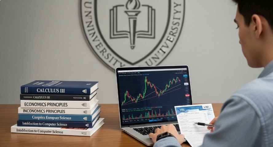 Student with laptop showing crypto charts