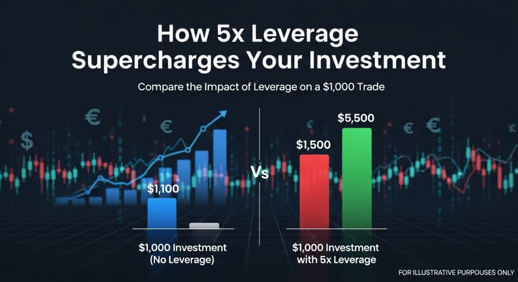 5x leverage works, comparing a $1,000 investment