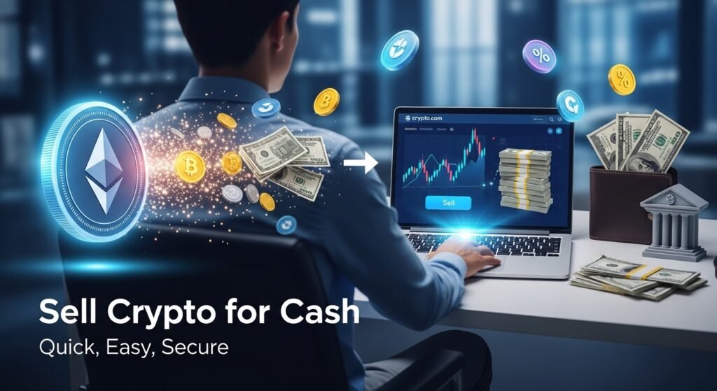 Create a clean, visually striking digital scene that captures the excitement and clarity of selling cryptocurrency for cash. In the center, show a confident person sitting at a modern desk with a sleek laptop open to a stylized, fictionalized crypto trading dashboard (do not use actual Crypto.com branding, but use similar blue and white tones). The screen should show a “Sell” button glowing, alongside a rising graph converting to stacks of cash.

On the left side of the scene, display a bold, digital coin icon (representing Bitcoin or Ethereum) transforming into realistic cash bills and coins through a glowing, futuristic transaction stream—bright light particles connecting the coin to the money. On the right side, show the cash neatly placed in a wallet or being deposited into a bank, symbolizing the conversion process.

The background should be a clean, high-tech environment with a slight futuristic glow, but keep it clutter-free for maximum readability. Include accents like holographic charts, floating percentage signs, and transaction confirmation symbols, giving the scene an advanced yet approachable feel. Use a color palette of deep blues, crisp whites, and vibrant greens to communicate trust, growth, and money.

Add large, bold headline-style text near the top or bottom saying “Sell Crypto for Cash” in modern, sharp typography, with a smaller subheading like “Quick, Easy, Secure” beneath it. Ensure the text is easy to read, contrasting well with the background.

The overall composition should feel professional yet inviting, with a balanced layout that draws the eye from the crypto coin to the cash, and finally to the call-to-action text. Keep the image crisp, vibrant, and ideal for a blog thumbnail that stands out in search results and social media feeds.