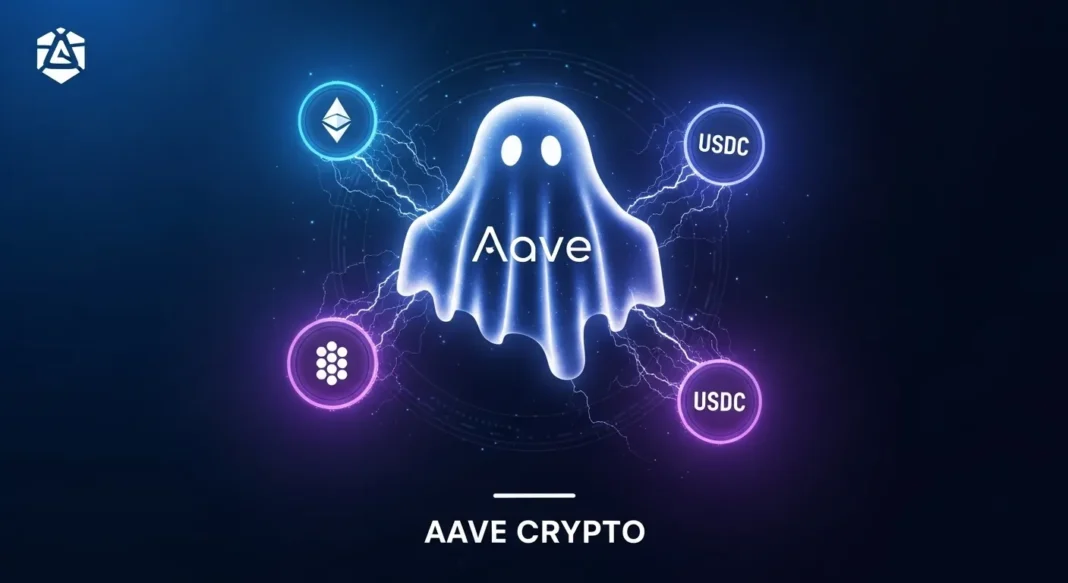 Thumbnail of Aave crypto with ghost figure and blockchain nodes