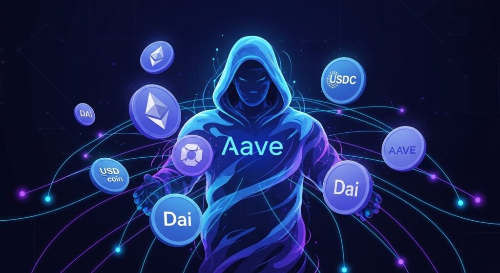 Illustration of Aave’s decentralized network with a ghost figure and crypto coins