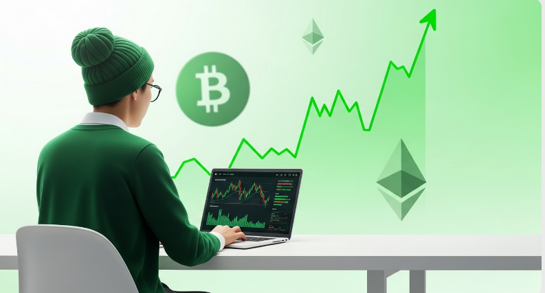 Image of a calm investor analyzing crypto data with a rising chart