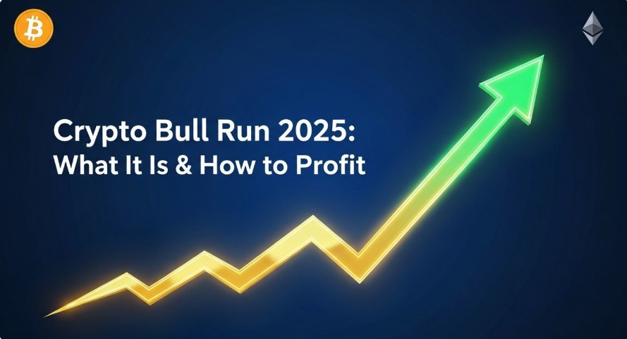 Glowing upward arrow with Bitcoin and Ethereum logos for crypto bull run blog.