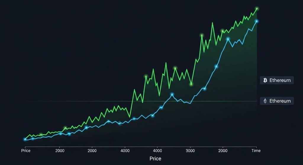 Line chart of cryptocurrency prices surging during a bull run.