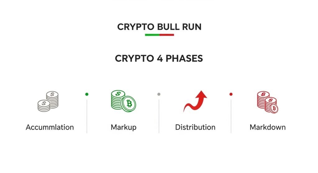Infographic illustrating the accumulation, markup, distribution, and markdown phases of a crypto bull run.
