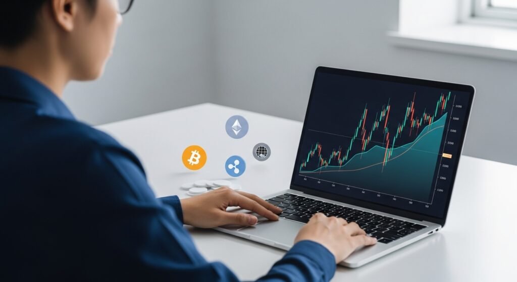 Person using a laptop to research cryptocurrency investments.