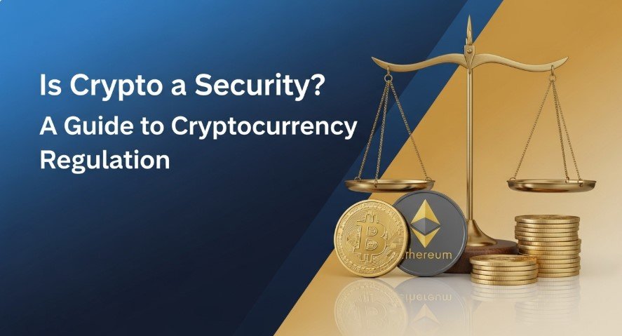 Thumbnail with crypto coins and legal scales for blog post.