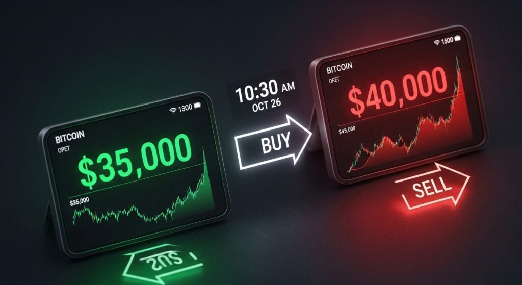 Illustration of crypto arbitrage with price screens and trading arrows.