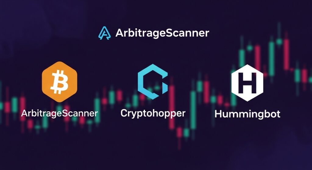 Logos and features of crypto arbitrage tools.