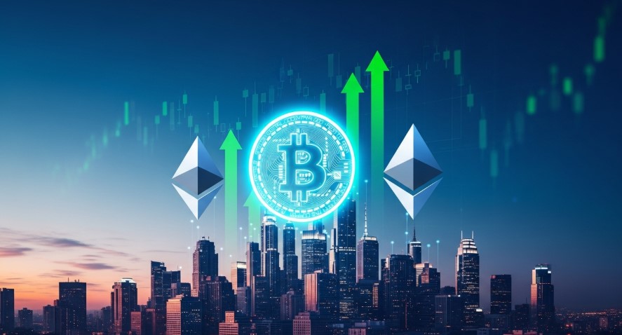 Bitcoin and Ethereum logos rising over a city skyline