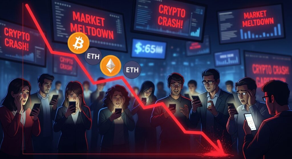 Illustration of a crypto market crash with falling prices and panicked investors