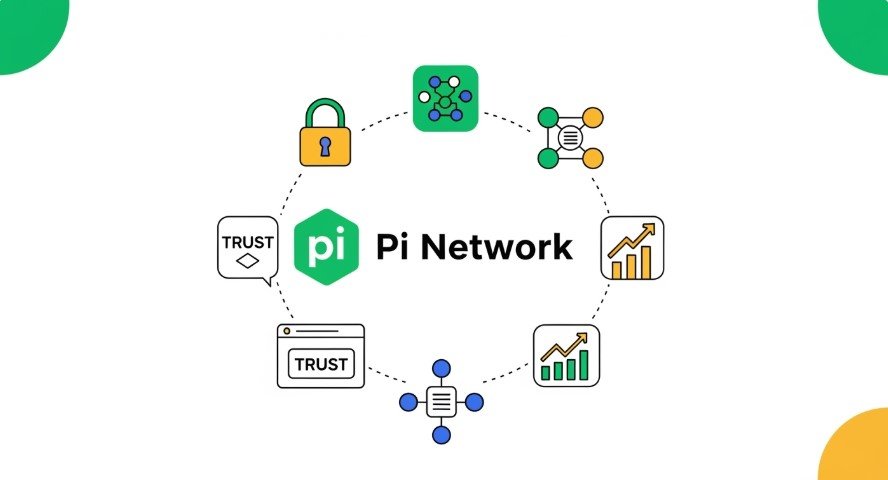 Vibrant illustration of Pi Network logo with trust symbols