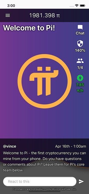 Screenshot of Pi Network app showing mining button