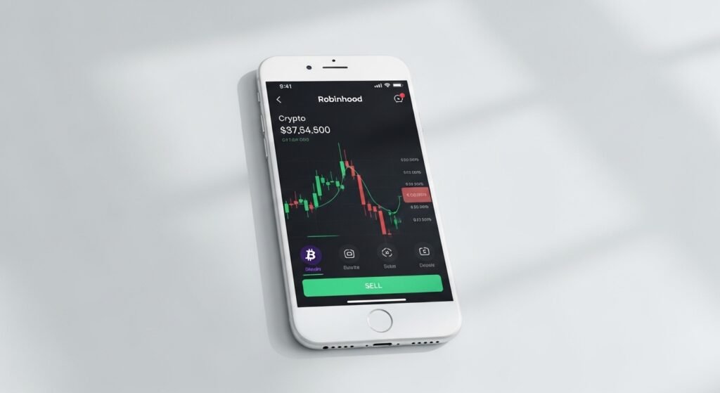 Smartphone displaying Robinhood app for selling crypto