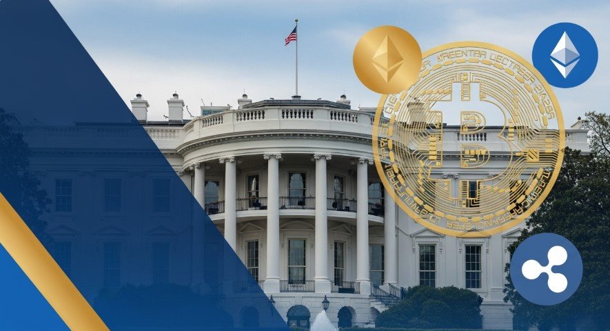 White House with bitcoin and crypto symbols